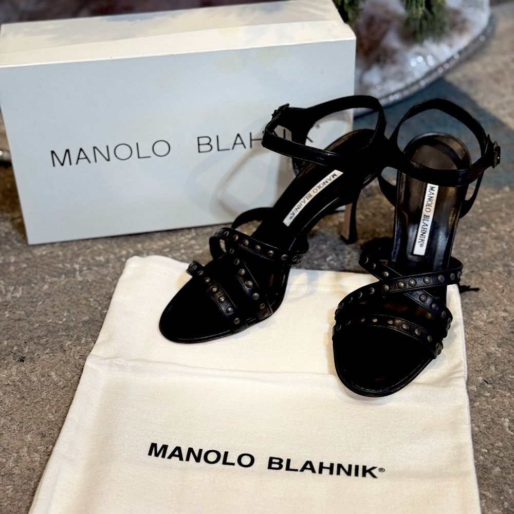 Manolo Blahnik studded heels. Never worn! Black leather, size 38/7.5 US.